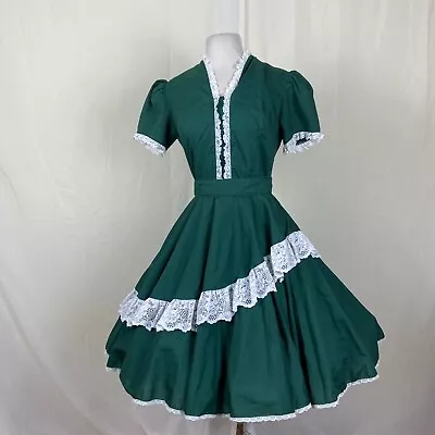 Square Dance Dress Green White Lace Trim Matching Belt Kate Schorer  • $89