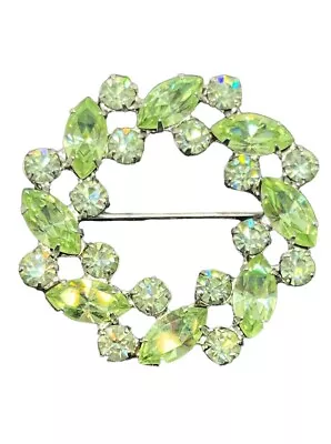 Vintage B. David Green Rhinestone Silver Tone Round Wreath Brooch Pin  • $39