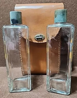 Vintage Decanter Set Whiskey Scotch Bottles Leather Case Handle Barware Picnic • $20