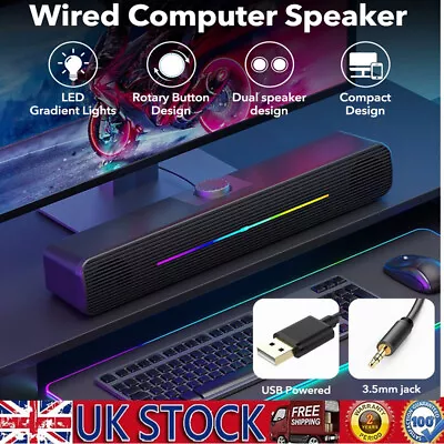 LED USB 3.5mm Wired Sound Bar Computer Stereo 6D Speakers For PC Desktop Laptop • £11.39