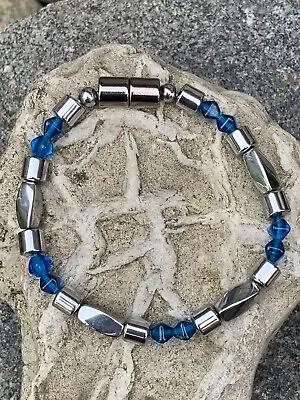 Mens Womens Silver Magnetic Hematite Bicone Capri Blue BRACELET ANKLET NECKLACE • $34.99