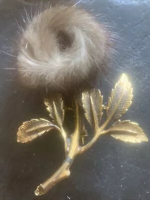 Gold Coloured Metal With Mink/rabbit Fur Flower Rose Vintage Brooch • £7.99