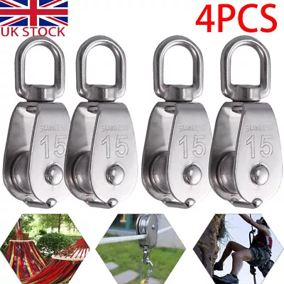 4X Stainless Steel Single Wheel Swivel Pulley Block Lifting Rope M15 Heavy Duty • £8.19