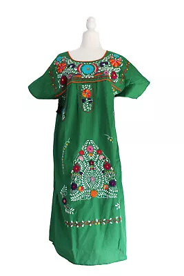 NWT Leos Imports Size XL Green Authentic Mexican Green Embroidered Flowy Dress • $25