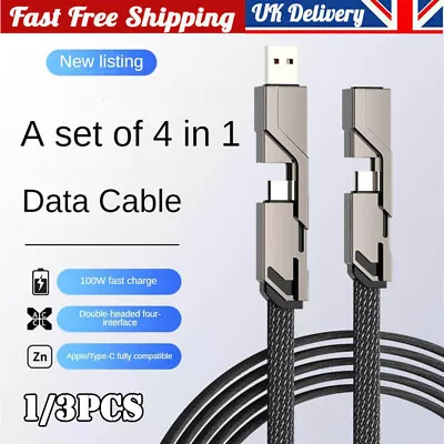 4 In 1 Flat Braided Anti-tangle Charger Cable For IPhone Huawei Type C USB Lead • £14.69