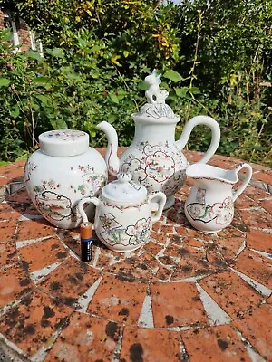 Stunning Japanese / Chinese Teapot Tea Caddy Jug Bowl Set Famille Rose 20thc • £34.99