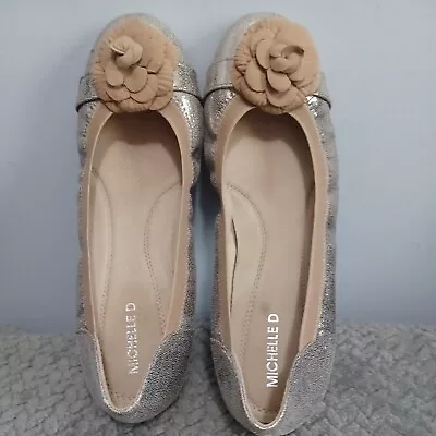 Michelle D Silver Suede Bow Ballet Flats Shoes Slip Ons 10 • $22.95