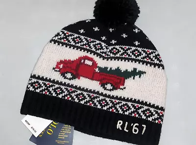 POLO RALPH LAUREN Men's Holiday Truck Wool Knit Pom Pom Beanie Hat Cap BLACK • $63.96