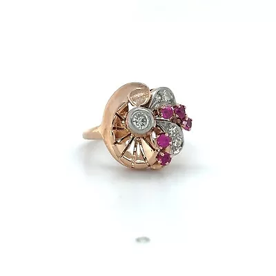 Vintage Flower & Swirl Design Diamond & Ruby Ring - 14k Rose Gold • $399.95