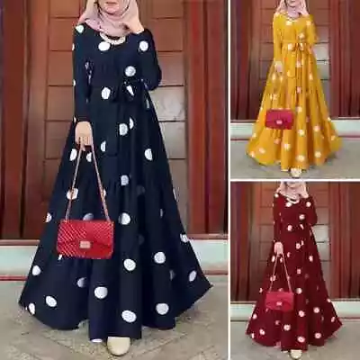 Abaya Dresses Islamic Maxi Dress Polka Dot Printed Long Sleeve Dresses • £10.99