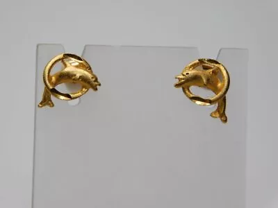 B120-vintage Pierced Earrings~gold Tone~dolphin Jumping Thru Ring~1/2  • $6.75