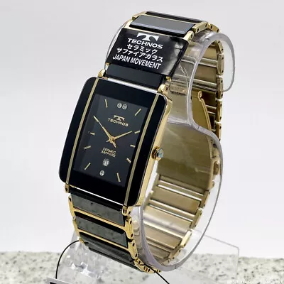 TECHNOS Rectangular Cubic Zirconia Gold Black Ceramic TSM903GB Men's Watch NEW • $92.59