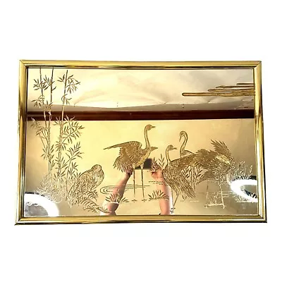 Vintage 80s Gold Crane Wall Mirror Etched Asian Hollywood Regency Retro 36x24 • $313.50