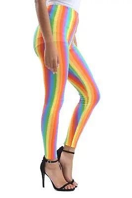 New Ladies Rainbow Striped Legging Retro Festive Disco Party Wear Gay Pride Pant • £7.99