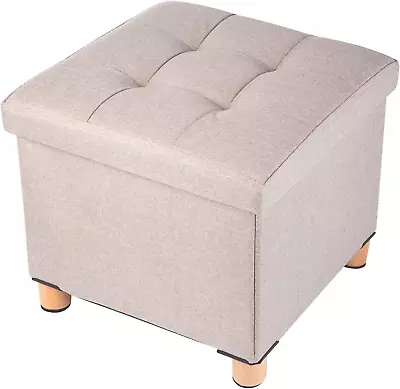 Foldable Storage Ottoman Footrest And Seat Cube With Wooden Feet And Lid Khaki  • $53.91