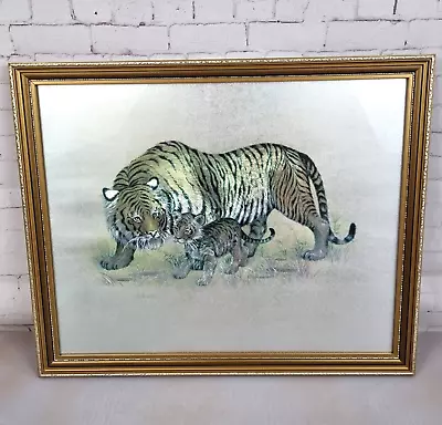 Vintage Silver Metallic Tiger Foil Art Framed Picture Signed By M. Fennell Retro • $37.34