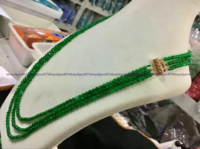 Natural 3rows 4mm Faceted Green Jade Gemstone Round Beads Necklace 18-20 Inches • $7.99