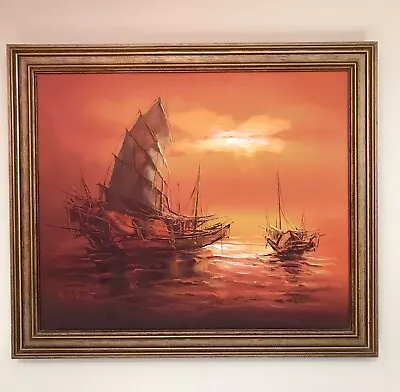 Original W.Kwan Signed Oil On Canvas Framed Chinese Junk Boat Painting Vintage • $330