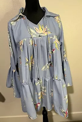 MNG By Mango Babydoll Top Blue Flowers Hummingbirds XXL 2XL • $9.60