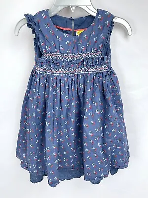 Mini Boden Girl 5-6Y Blue Smocked Dress Floral Flowers Embroidery Lace Cotton • $20