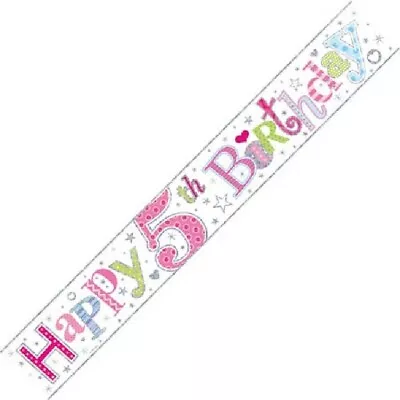 9ft Happy 5th Birthday Foil Banner Age 5 Girl Party Decorations • £2.09