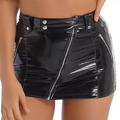 Women's Metallic Leather Mini Skirt Zipper High Waist Elastic Pencil Latex Skirt • $7.19