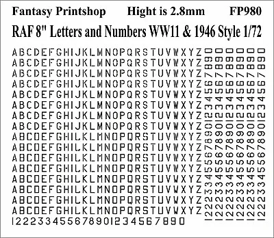 RAF Serial Numbers And Letters 8  Decals Transfers WWII AND 1946 FP980BLACK 1/72 • £9.95