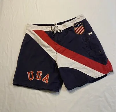 Vintage Polo Ralph Lauren Swim Board Shorts USA Navy Red Crest Mens 38 American  • $32