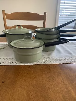 Porcelain Enamelware Set Of 6 Sauce Pans Green With Black Handles Lids Enamel • $49.99