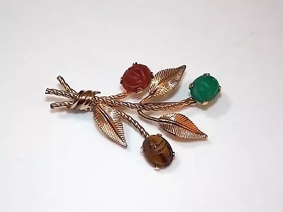 Vintage Van Dell 12k GF Flower Scarab Brooch Carnelian Green Onyx Tiger's Eye  • $35.99