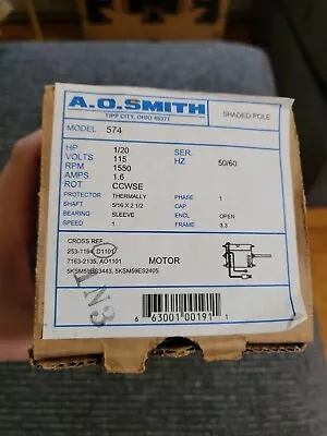 NEW IN BOX A.O. SMITH 1/20HP 115V 1.6 AMP 1550 RPM SHADED POLE MOTOR Model 574 • $99