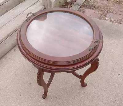 Mid Century Round Solid Walnut Coffee Table W/ Glass Serving Tray (RP-(CT-58) • $399