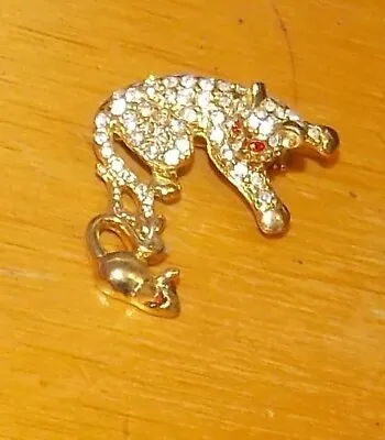 $3.99 • Buy Vintage Cat Mouse Clear RHinestone GOldtone Brooch Unsigned Costume Jewelry