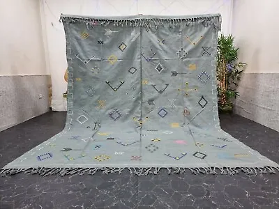 Moroccan Handmade Cactus Silk  Rug 7'7''x10' Sabra Geometric Gray Yellow Carpet • $537.60
