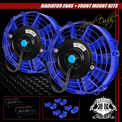 2x Universal Slim 7  Pull/push Radiator Engine Bay Cooling Fan+mounting Kit Blue • $36.99