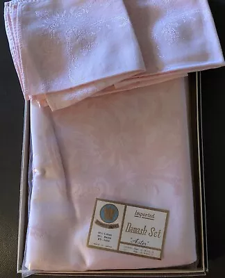 Vintage PINK Damask Tablecloth & Napkin Set - Size 54” X 72” NEVER USED In Box • $14.95