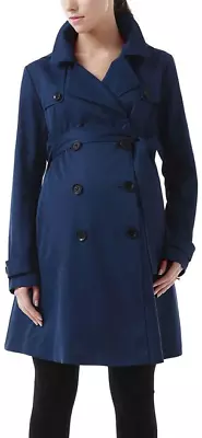 Momo Maternity Women's Trench Coat Double Breasted Belted Hooded Navy Sz S NWT • $44.99