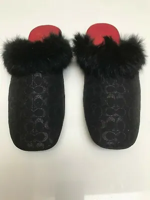 Authentic Coach Melody Signature Black Rabbit Fur Trim Flat Slippers Slides Sz 6 • $22.99