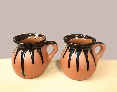 Two Set Decorated Clay Drinks Mugs Jarrito Chorreado Barro Mexican Pottery  • $22