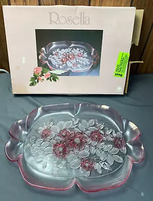 Mikasa Rosella Serving Platter Tray Ruffle Rim Pink Roses Frosted Vintage 16 • $20