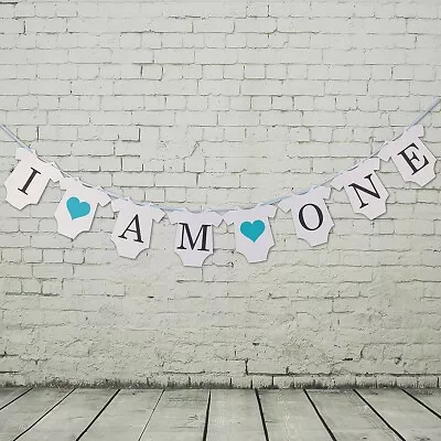 I AM ONE Banner Bunting Boy 1st Birthday Party Decoration Blue Baby Boy Bodysuit • $6.95