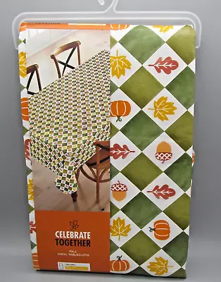 CELEBRATE TOGETHER~Pumpkin Leaf Checkered Fall Vinyl 60 X 84 Oblong Tablecloth • $17.99