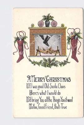 $6 • Buy Holiday Postcard Christmas Merry Santa's Boots Coming Down In Fireplace Stocking