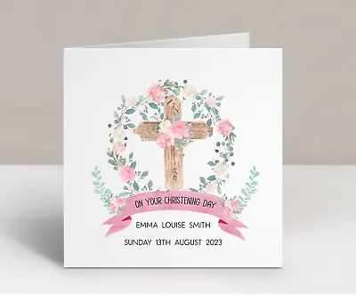 Personalised Girls Christening Card Baptism Naming Day Pink Floral Cross • £3.79
