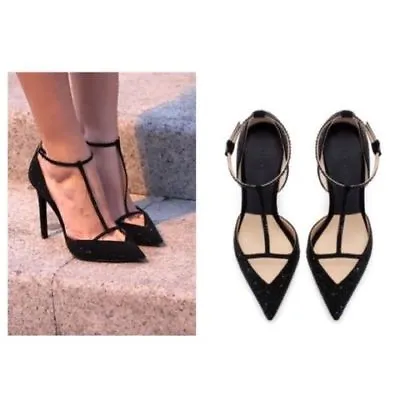 ZARA VAMP Cut Out Shiny ANKLE STRAP T Bar Black HEELS Diamante Leather 38 US 7.5 • $71.20