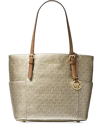  Michael Kors Metallic Signature Jet Set Travel Tote In Gold/acorn • $225