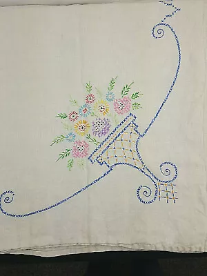 Vintage Linen Tablecloth Embroidered Square Flower Baskets Pink Blue Yellow • $18.99