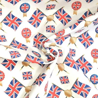 100% Cotton Digital Fabric Oh Sew Scattered Union Jack Flags & Rosettes • £4.50
