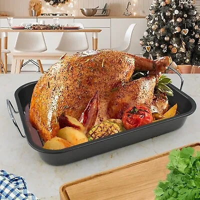 Turkey Oven Roaster Pan Non Stick Roasting Baking Meat Rack Tray Tin Grill Dish • £15.99