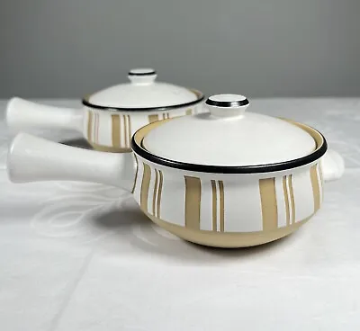 Pair Denby Old Gourmet Handled Soup Bowls Lids Vertical Stripes Stoneware 1957 • £20